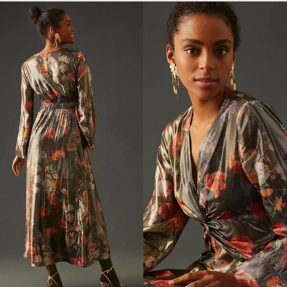 Like new Anthropologie Caballero Metallic Floral Deep V-Neck Maxi Dress size S. - Picture 2 of 9